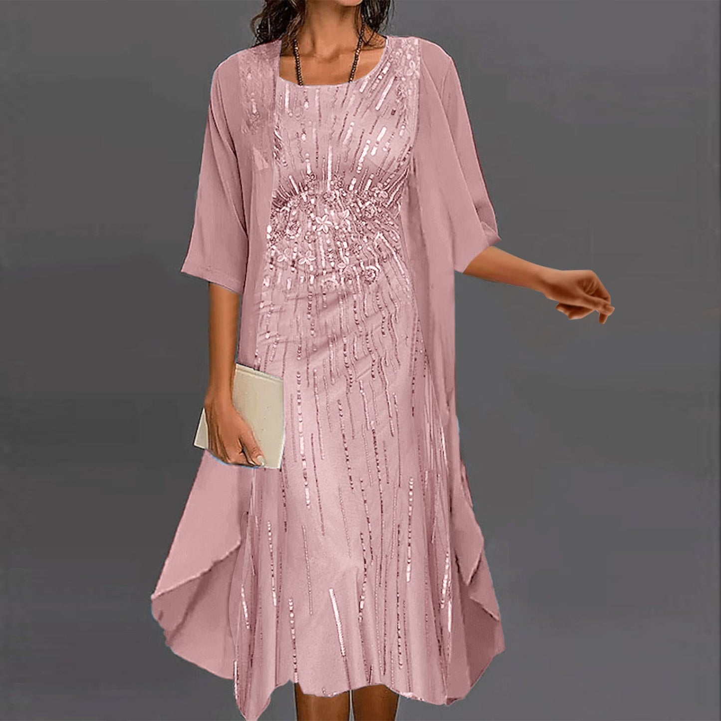 Formal Party Dresses Women Elegant Shiny Sequins Solid Color O-Neck Evening Dress Wedding Dress Two Piece Set Dress Vestidos