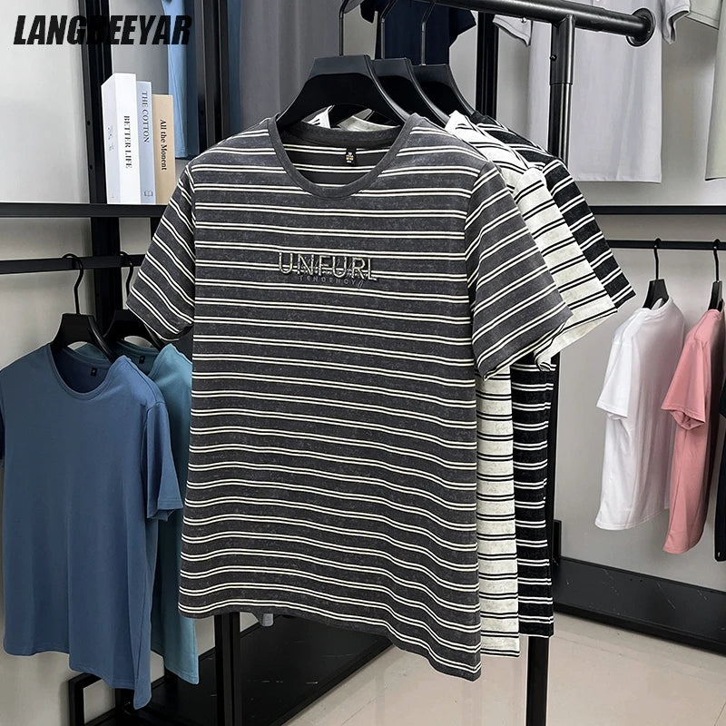 Top Grade Yarn Dyed New Summer Tops Striped Designer Tshirt Men 2025 Round Neck Brand Short Sleeve Casual Fashion Men Clothing