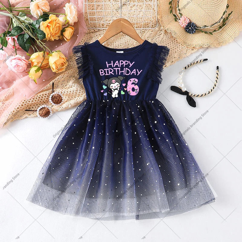 Kuromi Baby Dress Birthday Number Girl Party Dresses Children Cute Mesh Star Sequins Princess Dress Kids Flying Sleeve Skirt