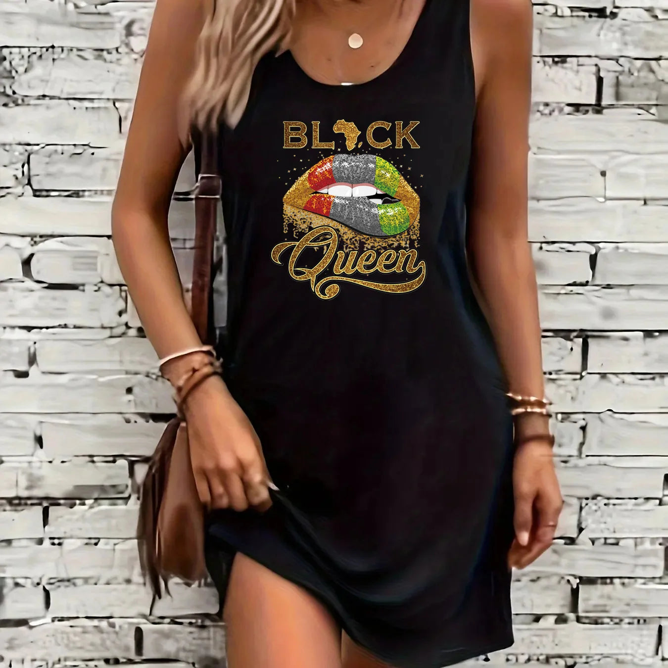 Women's summer loose and comfortable casual lip print letter pattern print black sleeveless vest skirt punk style dress