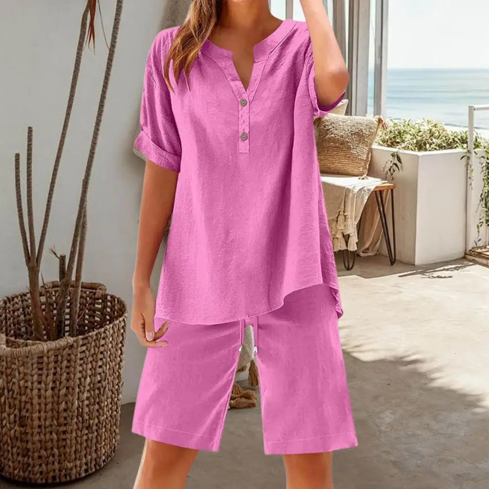 Women 2-piece Set Women's Cotton Linen 2 Piece Outfits Short Sleeve V-neck Top Wide Leg Shorts Set for Summer Lounge Wear Women