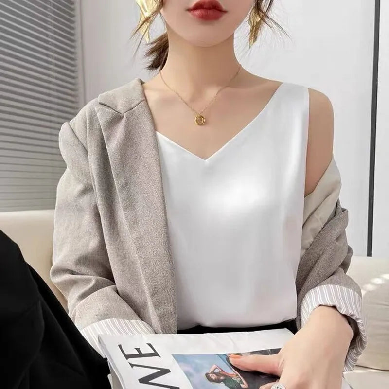 Acetate satin Camisole Women's V-neck Silk Satin vest Top elegant wild Avocado Green white black tank Women Crop Tops