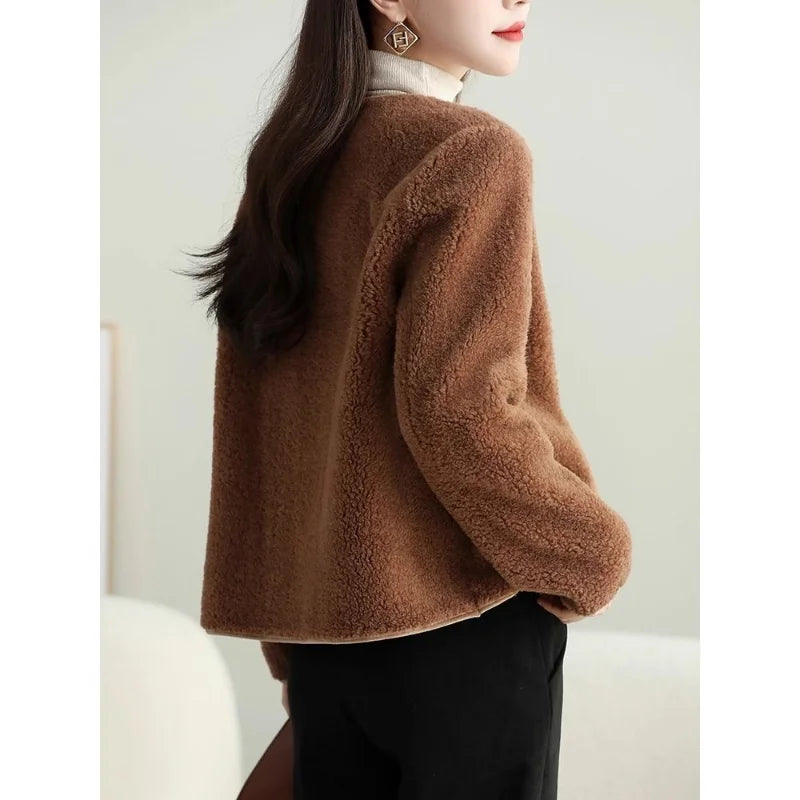 Autumn Winter Women Korean Fashion Luxury Chic Lamb Plush Button Jackets Retro Elegant Solid O Neck Long Sleeve Loose Warm Coats