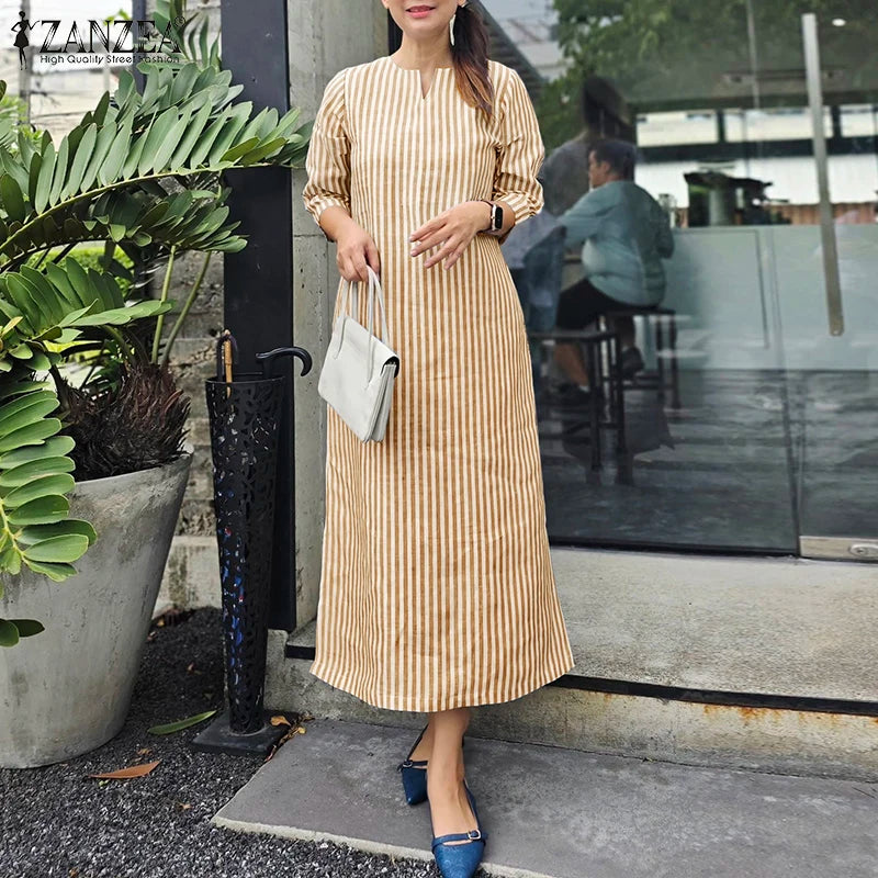 2025 Autumn Striped Dresses ZANZEA Fashion Women V Neck Long Sleeve Work Dress Elegant Office OL Sundress Maxi Long Vestido Robe