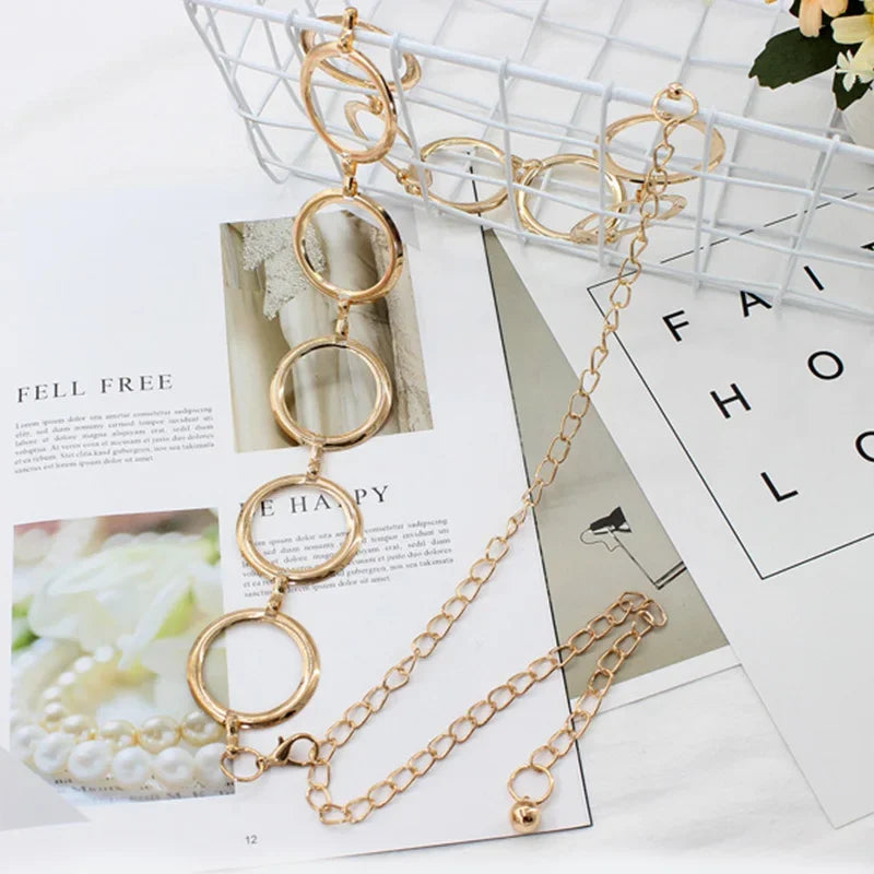 Simple Alloy Large Round Ring Waist Belt Fringes Ring Waist Chain Women Circle Metal Chain Belt Geometric Long Hollow Waistband