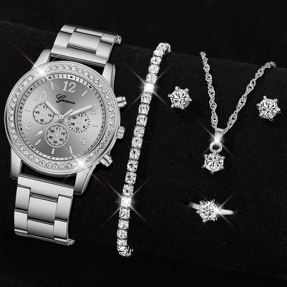 5 PCS Set Gold Watch Women Luxury Ring Necklace Earrings Rhinestone Fashion Wristwatch Female Casual Watches Bracelet Set