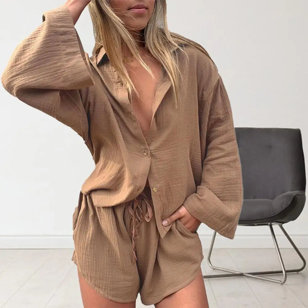 2 Pcs/Set Women Blouse Pants Set Solid Color Turn-down Collar Elastic Waist Deep Crotch Fall Shirt Shorts Suit Female Clothes