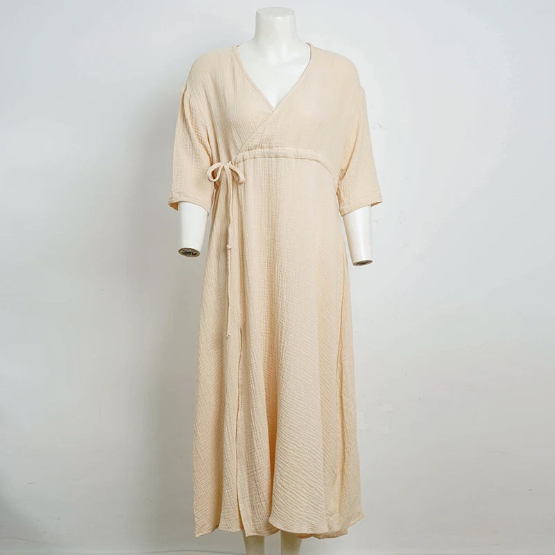 Elegant Party Dresses Women 100% Cotton Muslin Gauze Holiday Beach Casual Corset Waistband Ladies Robe Loose Soild Sundress