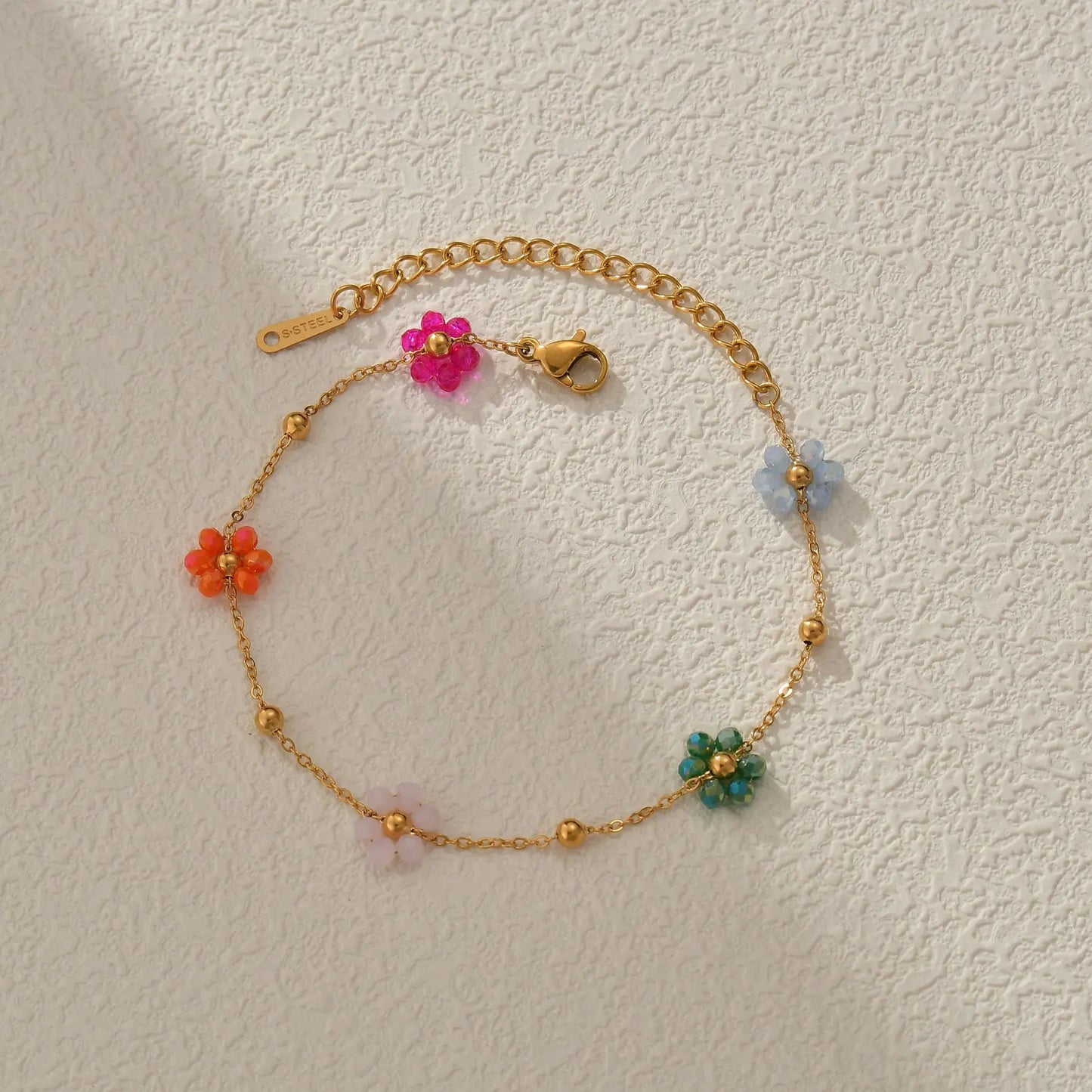 Freeteeme Fashion Colorful Flower Bracelet for Women Girls Stainless Steel Jewelry Gold Color Beads Chain Valentine's Day Gift