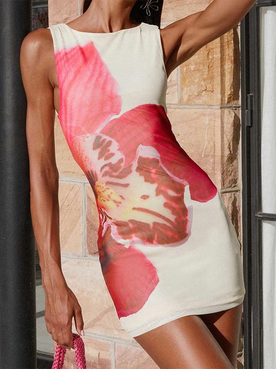 Women Tank Dress, Sleeveless Crew Neck Flower Print Slim Summer Bodycon Dress Mini Dress
