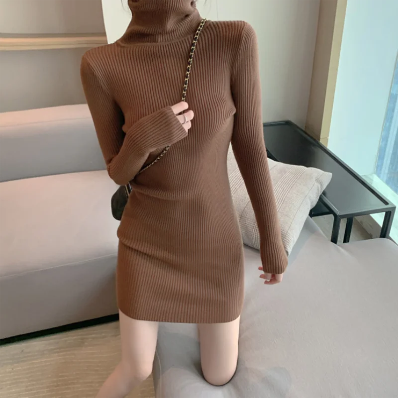 レディース 秋冬 タートルネック 暖かい ボディコン ワンピース 長袖 ニット 無地 オフィス プルオーバー セクシー ミニドレス 2025