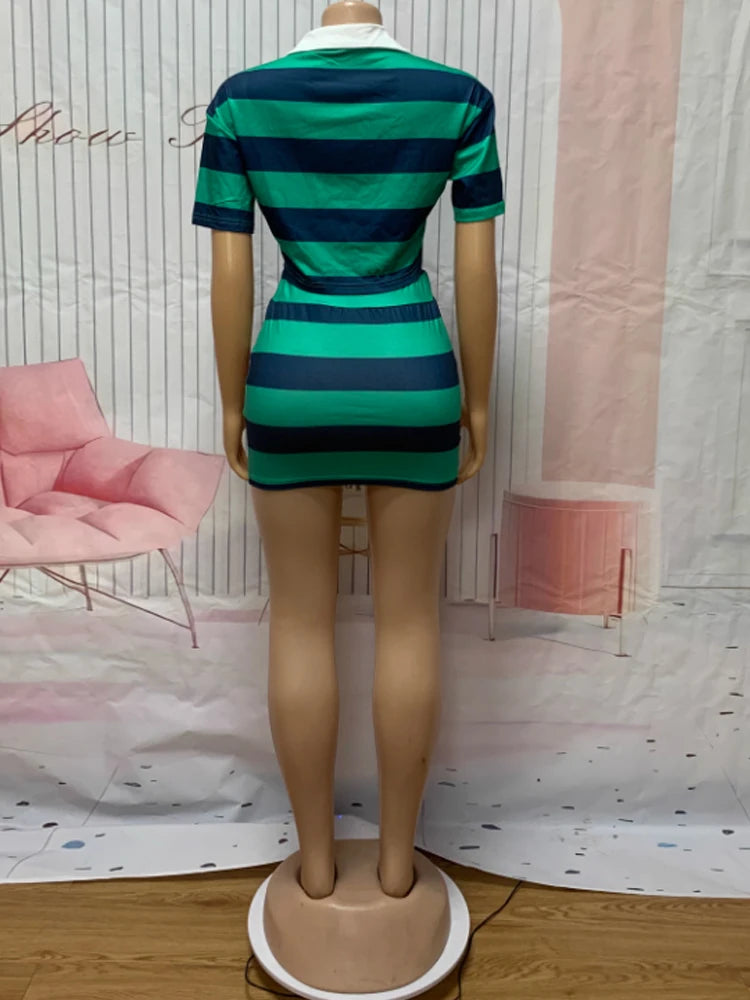 Kricesseen Women's Striped Skirt Set Two-Piece Dress Girls Short Sleeve Shirt Top And Matching Set Sporty Overalls Active Wear