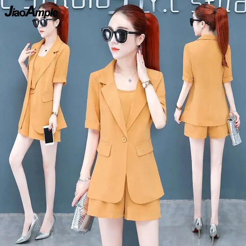 2025 Summer New Suit Vest Shorts Three-piece Women's Elegant Professional Wear Korean Fashion Slim Blazers Suspenders Pants Set