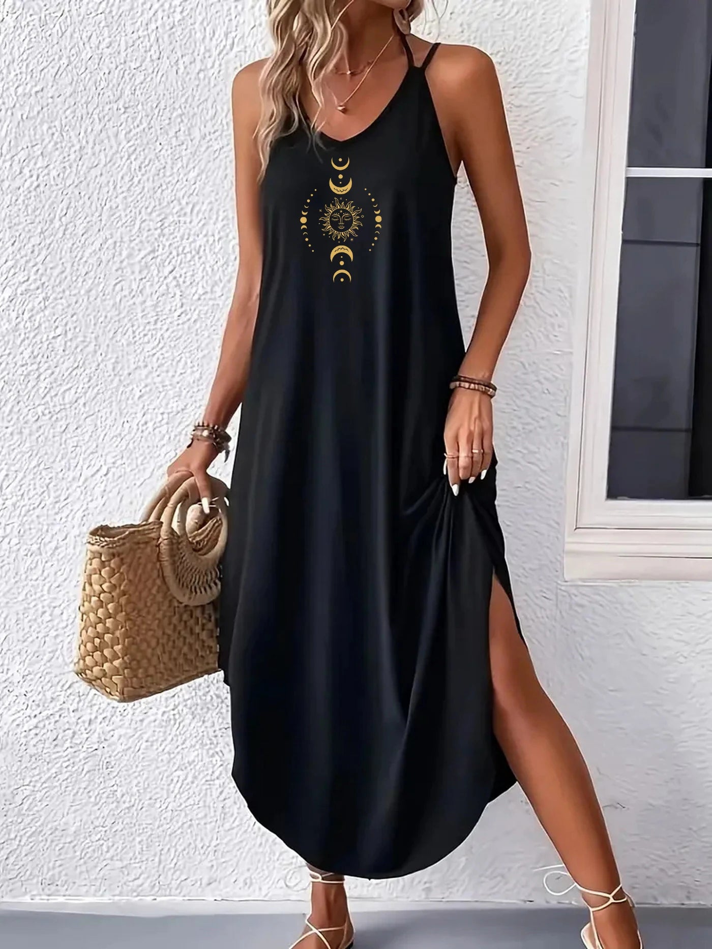 The Sun, the Moon and the stars Curvy Hem Cami Dress, Sexy Sleeveless Spaghetti Strap Loose Maxi Dress, Women's Clothing