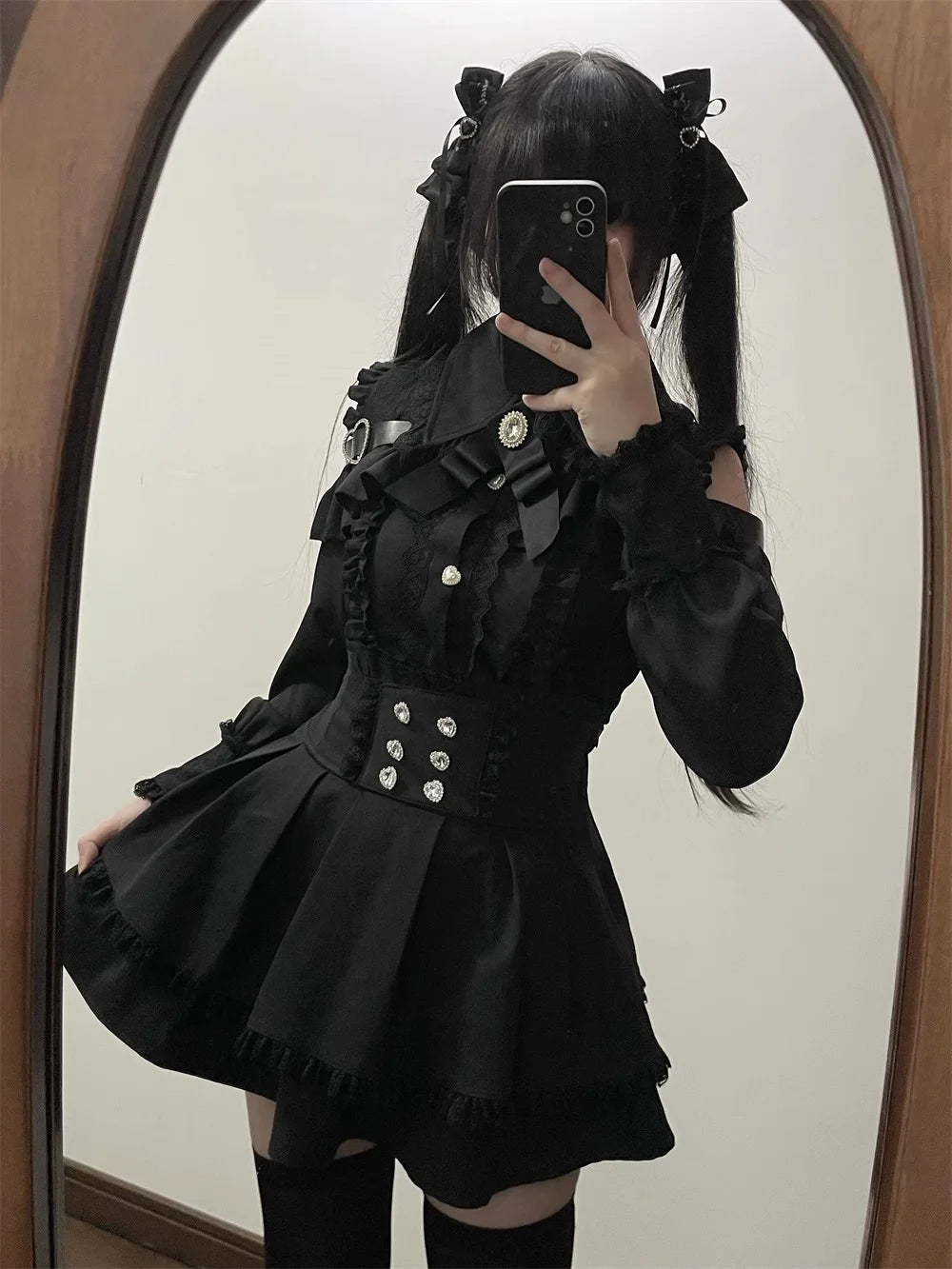 Kawaii Off Shoulder Long Sleeve Shirts Women Black Short Skirt Set Y2K Gothic Ruffle Skirts Lace Lolita Shirt Gown Suit 