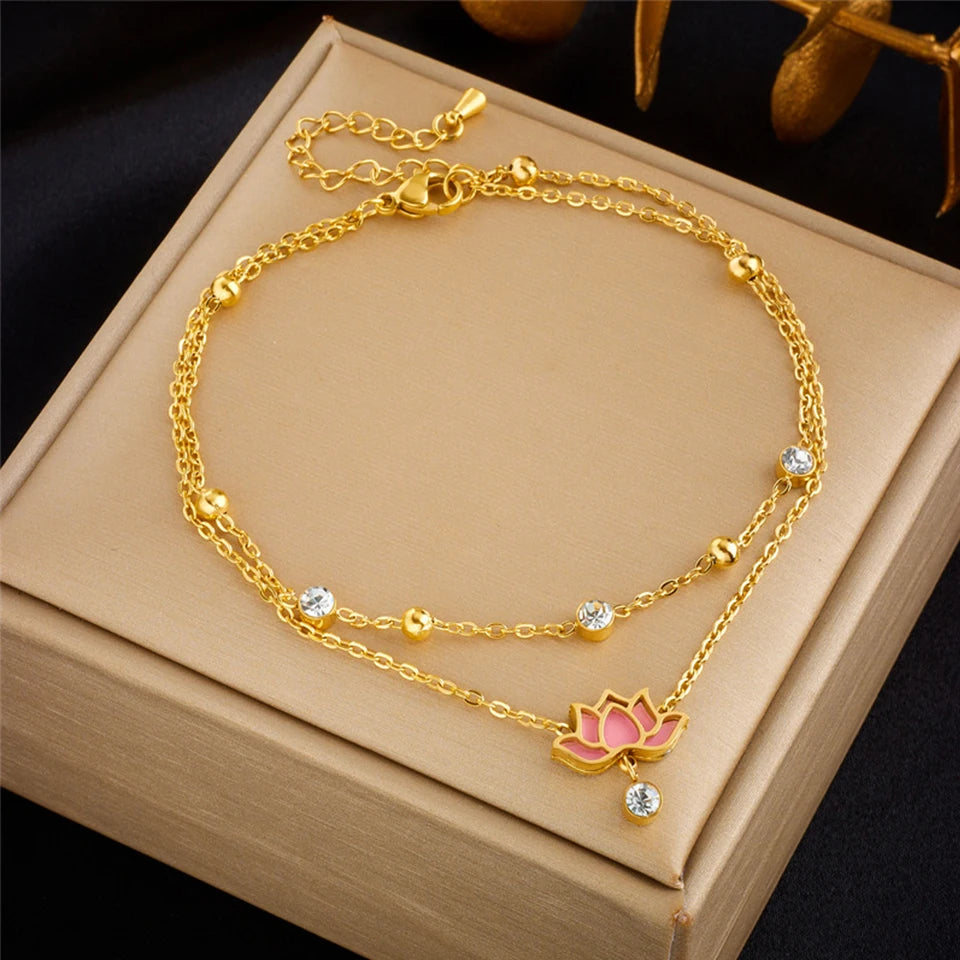 ZAKOL Stainless Steel Heart Love Anklets For Women Girl Fashion Double Layer Chains Ankle Accessories Jewelry Gift