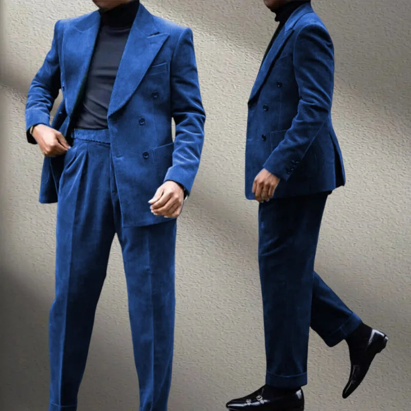 Autumn Winter Corduroy Men's 2 pieces suit Man blue suit Jacket suit Pants Suit Thick top for Wedding Banquet Business