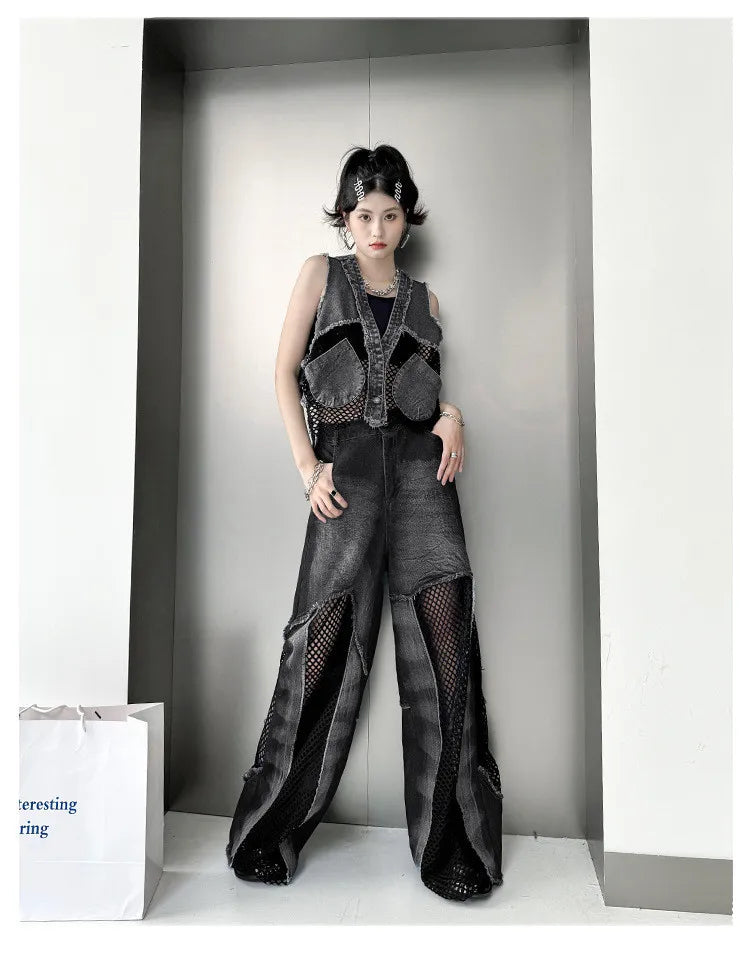Grid Stitching V-Neck Denim Vest Women's Summer Fried Street Fashion Brand Loose Burrs Short Sleeveless Vests Jackets Female