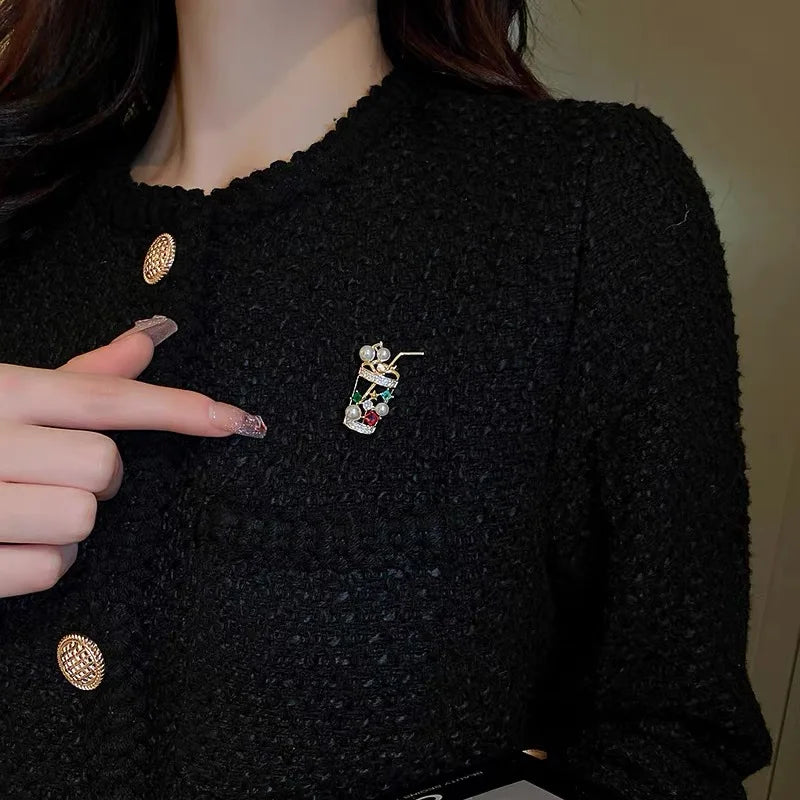Cute Pearl Juice drinks Milk Tea Cups Brooch Lapel Pins for Women Girls Colorful Zircon Rhinestone Creative Design Coat Badges