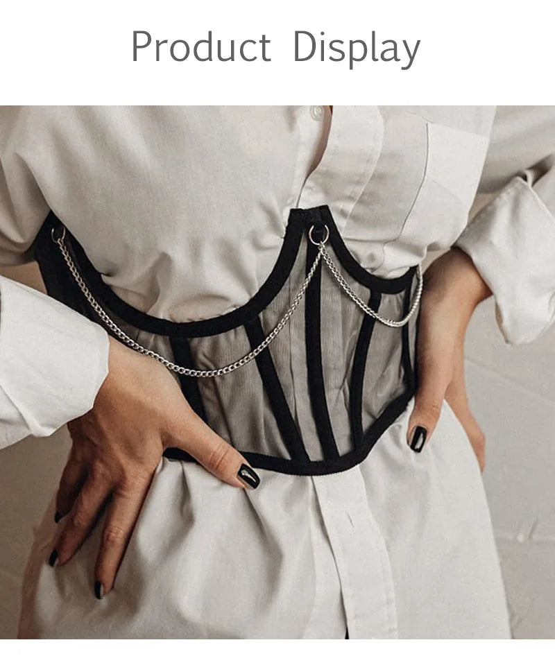 Sexy Corset Underbust Punk Metal Chain Black Women Top Curve Shaper Strap Slimming High Waist Belt Lace Bustiers