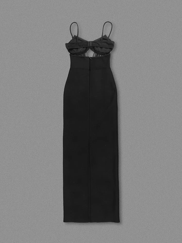 Sexy Spaghetti Strap Mesh Patchwork Hollow Out Bandage Dress Women Black Sleeveless V Neck Bodycon Dresses Evening Party Gowns