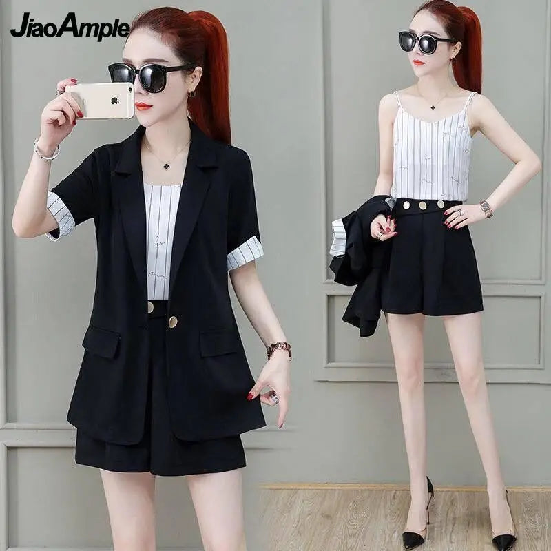 2025 Summer New Suit Jacket Shorts Suspenders Three-piece Women's Professional Wear Korean Fashion Blazers Coat Vest Pants Set
