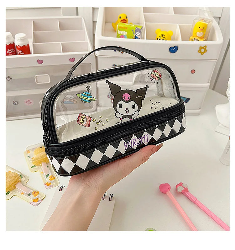Cartoon Hello Kitty Pencil Case Cute Sanrio Kuromi Large Capacity Double Layer Multifuntion Portable Pen Cosmetic Bag Kids Gift