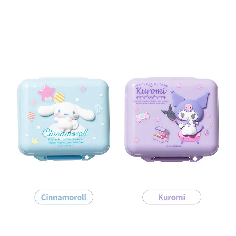 Cute Kuromi My Melody 7 Compartment Pill Case Daily Medicine Organizer with Removable Stickers Travel Portable Moisture Proof