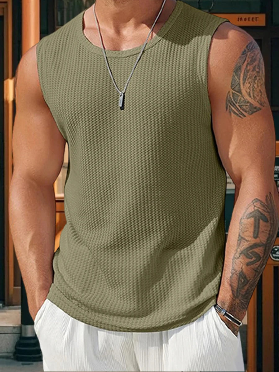 メンズ リブニットタンクトップ(無地)カジュアルウェア、ノースリーブTシャツ(ワークアウトやボディビルディングのストリートウェアスタイル)