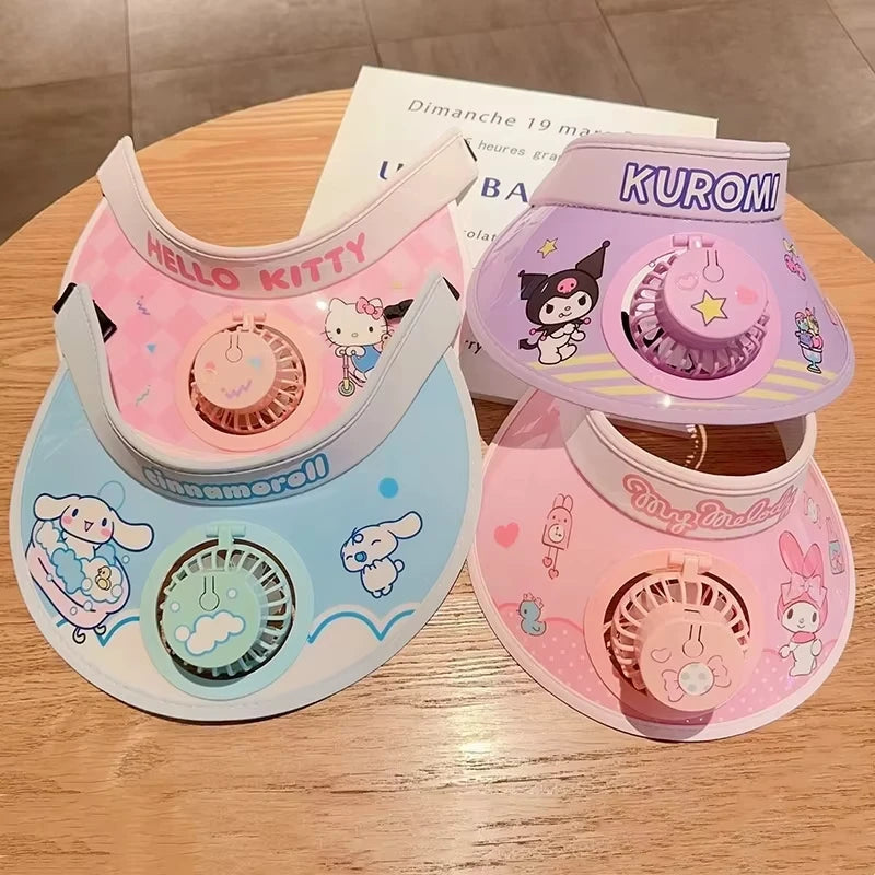 New Cute Kuromi Kids Sun Hat with Cooling Fan Summer Breathable Uv Protection Cap for Boys Girls Outdoor Play Wide Brim Visor