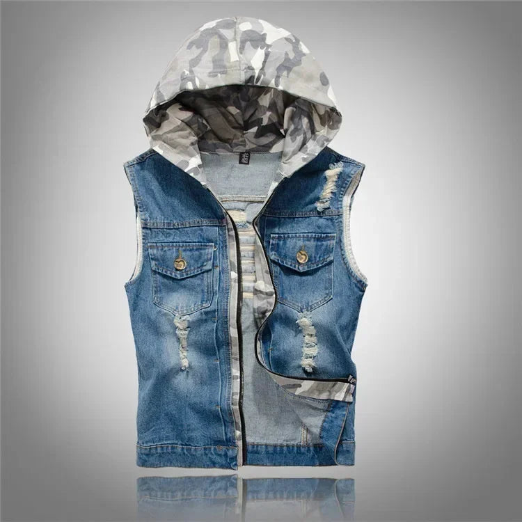 New Men's Korean Style Vest Fashion Slim Camouflage Hooded Waistcoat Casual Sport Denim Vest Sleeveless Jackets for Men 5XL