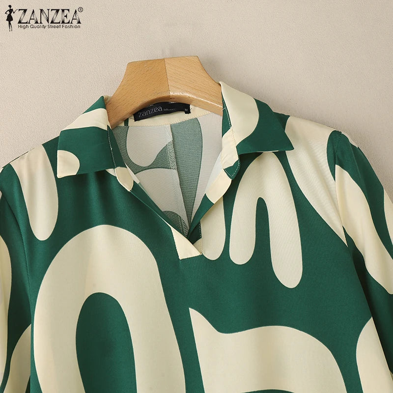 2025 ZANZEA Fashion Autumn Printed Dresses Women Maxi Long Dress Lapel Neck Long Sleeve Robe Casual Kaftan Vestidos Oversize