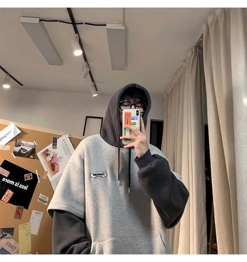 Hoodies men fake two-piece sweatshirt autumn stitching Korean loose contrast color hooded long-sleeved black white gray design