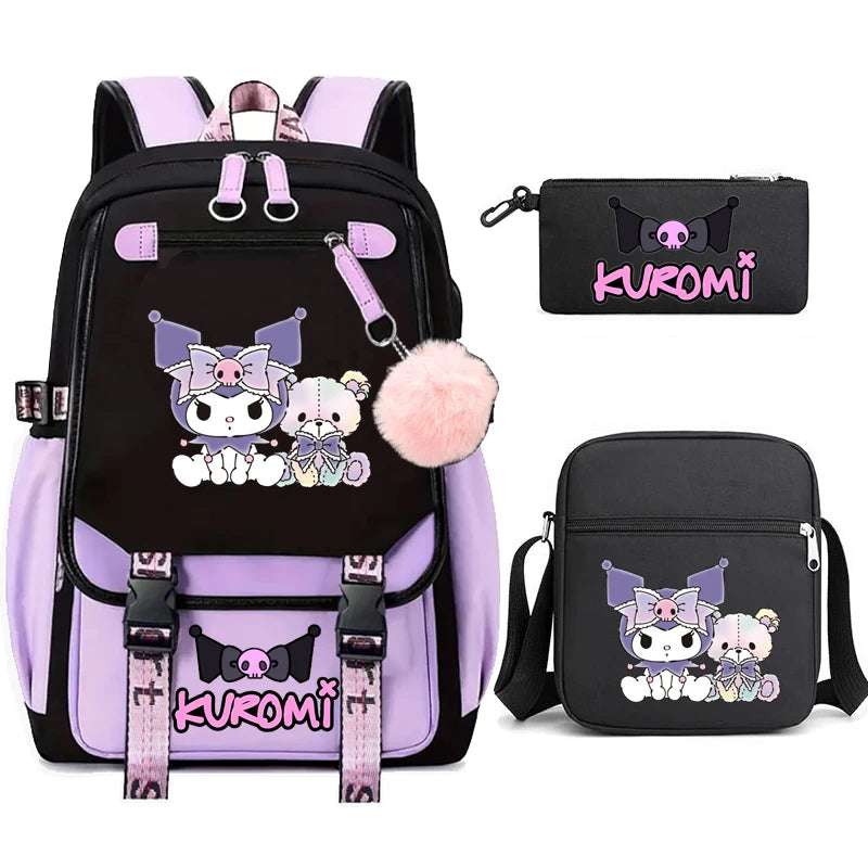 Kuromi Student Backpack 3pcs Cartoon Rucksack Girls School Bag High Capacity Women Backpack Female Cute Leisure Travel Mochilas