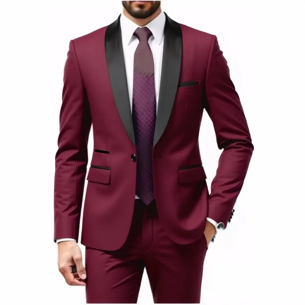 A Two-piece Suit for Men with A Green Collar, A Wedding Suit for The Groom, A Fitted Black Best Man's Suit, and A Wedding Dress