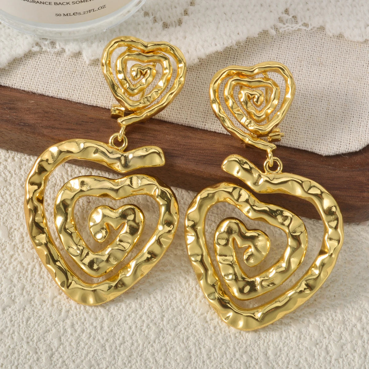 Gold Plated Hammered Heart/Round Spiral Drop Earrings Double Layer Statement Dangle Jewelry For Women Bohemian Vintage Style