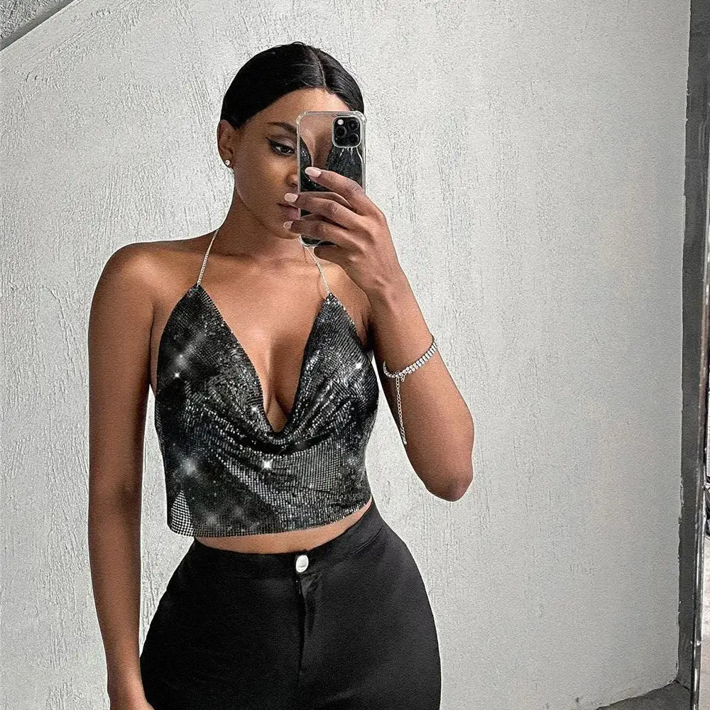 Women's Sexy Metal Sequins Open Back Chain Sling Vest Top Sexy Nightclub Party Tank Tops 