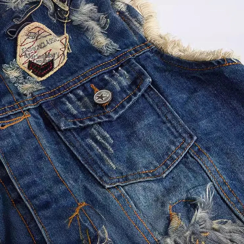 Spring Summer Men's Denim Vest Fashion Male Hip Hop Patch Hole Waistcoats Male Night Club Party Jeans Sleeveless Jacket Clothing