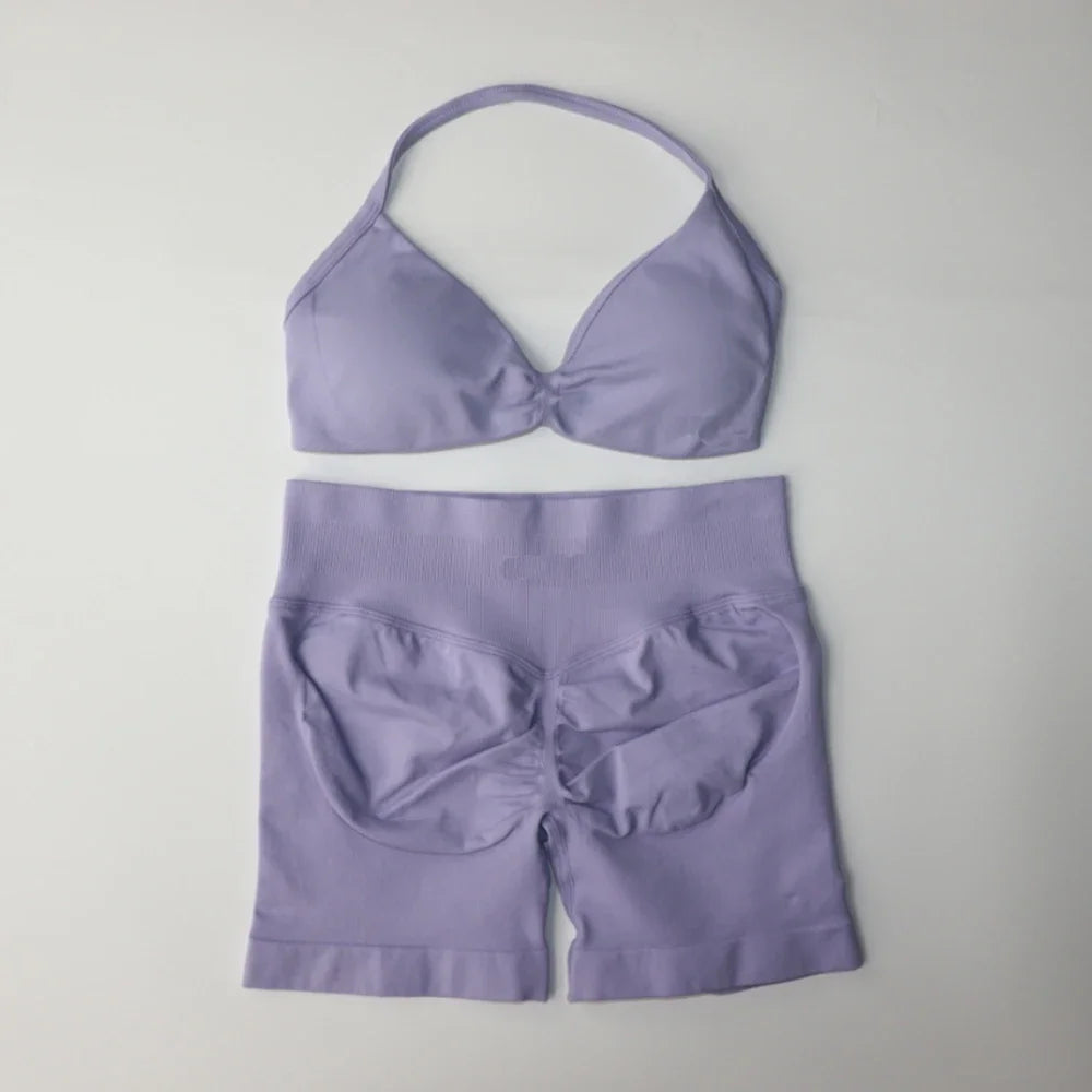 Gym Set Women Two Piece Strappy Yoga Bra Top Workout Scrunch Shorts Suit Fitness Clothes Seamless Sportswear Workout Set