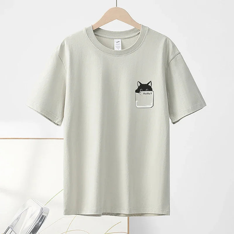 2024 Summer New Pure Cotton Cat Printed Men T-shirts Short Sleeve Casual Solid Color Simple Thin Men Tops BOK0121
