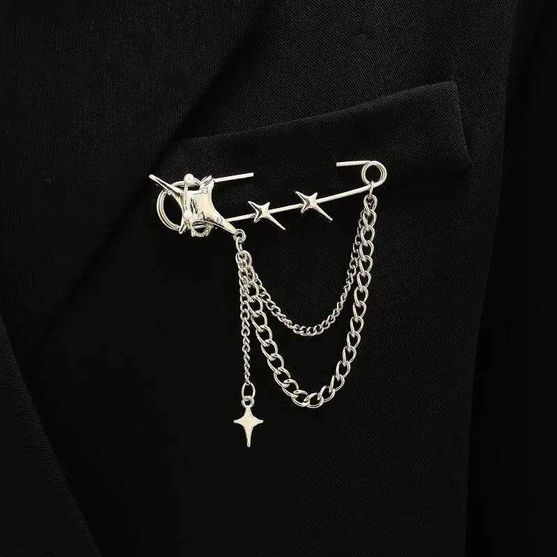 Korean Style Metal Butterfly Chain Brooch For Women Men Suit Decoration Tassel Chain Metal Beads Pin Cloth Jewelry Accessories