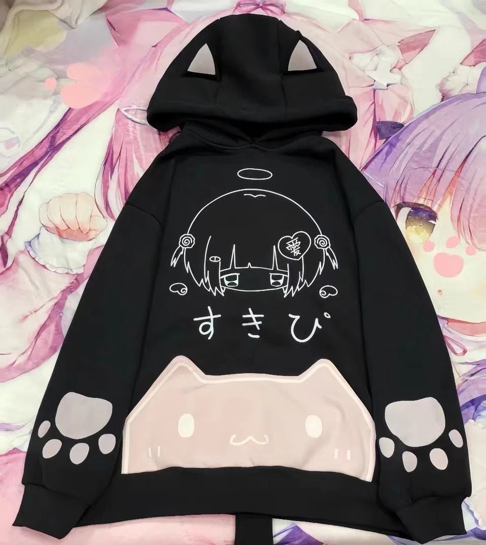 日本の漫画プリントフリースパーカー レディース 原宿ゴシック 猫耳 フード付き ヴィンテージ パーカー ストリートウェア Y2K 美的 スウェットシャツ