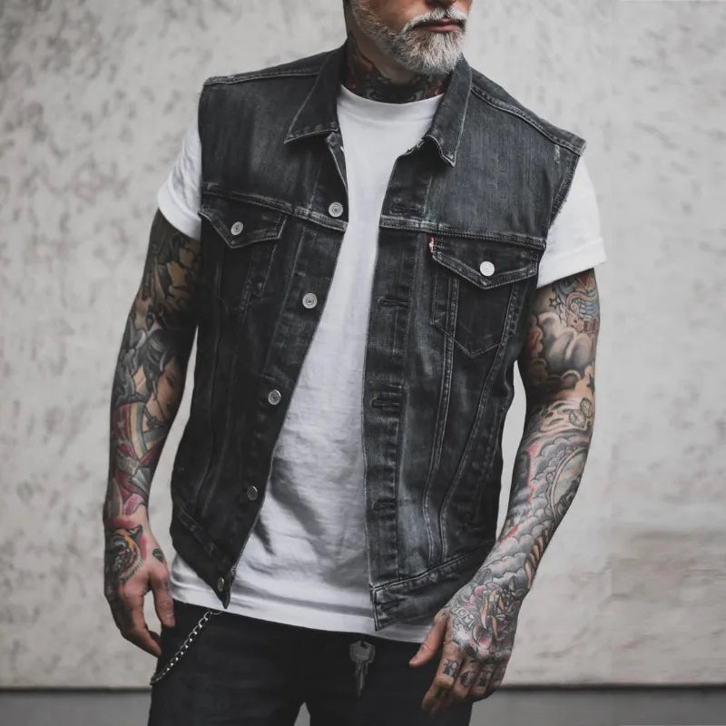 2024 new men's denim jacket retro fashion motorcycle sleeveless denim jacket high street handsome motorcycle vest men's clothing