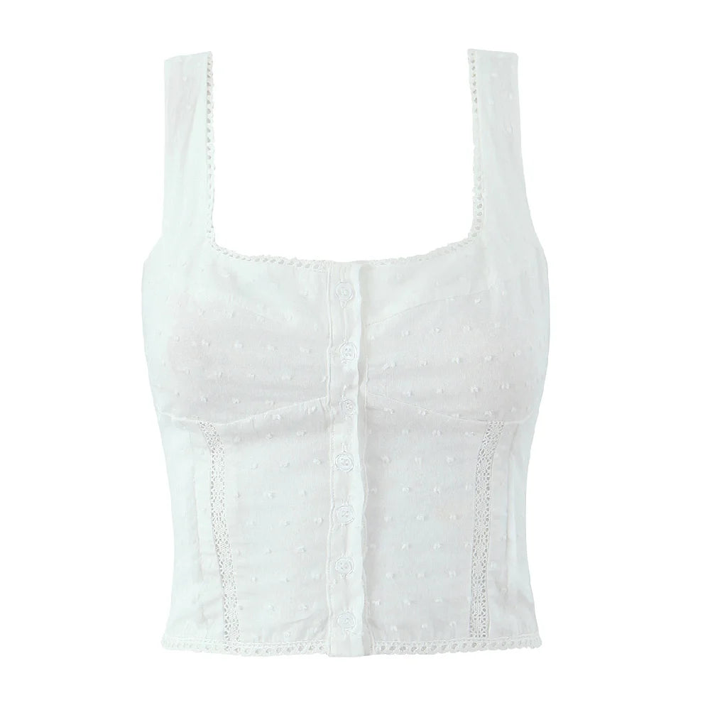 2025 Summer Plain White 3D Dot Sleeveless Tank Women Open Buttons Slim fit Elastic Back Tank Top Crop Tops