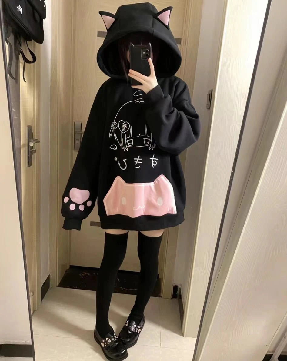 日本の漫画プリントフリースパーカー レディース 原宿ゴシック 猫耳 フード付き ヴィンテージ パーカー ストリートウェア Y2K 美的 スウェットシャツ