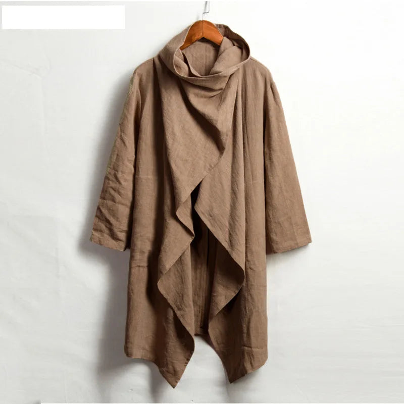 Men's Cotton Linen Cloak Long Irregular Cape Autumn New Long Sleeve Coat