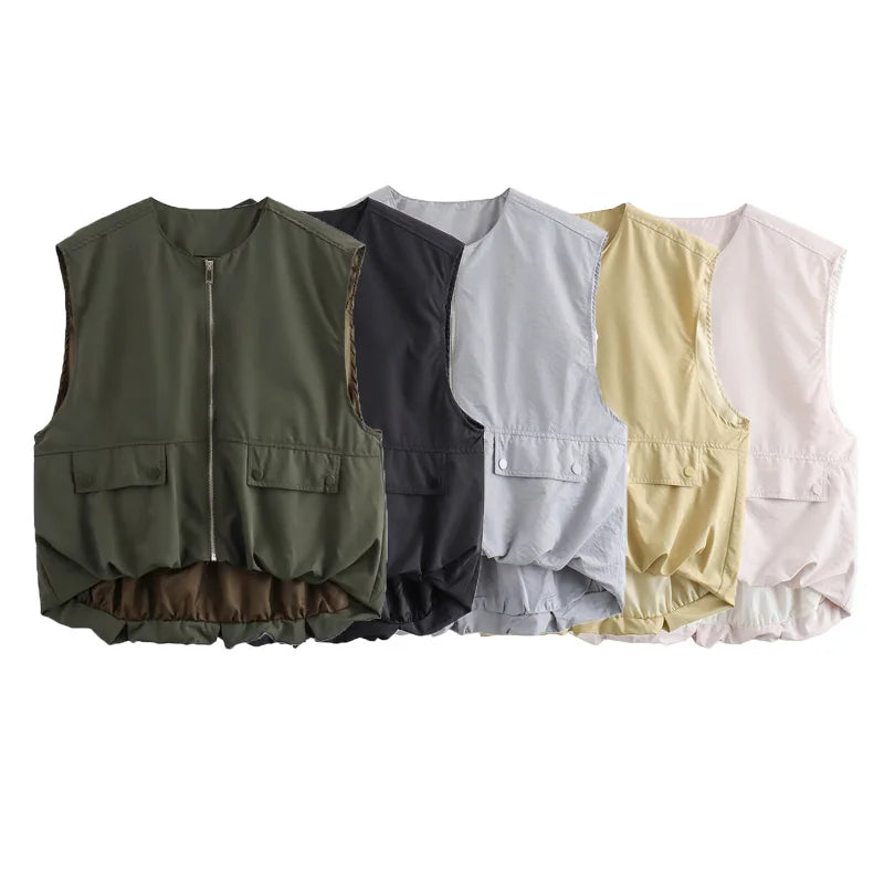 SIYANG Women Fashion Chic Loose Sleeveless Pockets Vests Female O-Neck Pleated Hem Waistcoats Ladies Casual Streetwear