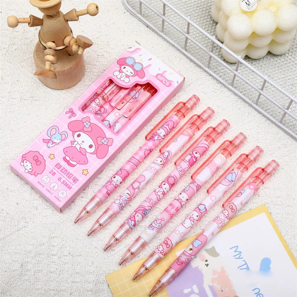 6pcs/set Sanrio Cartoon Cute Kuromi MyMelody 0.5mm 2B Automatic Pencil Students Art Drawing Pencil with Lead Stationery Supplies