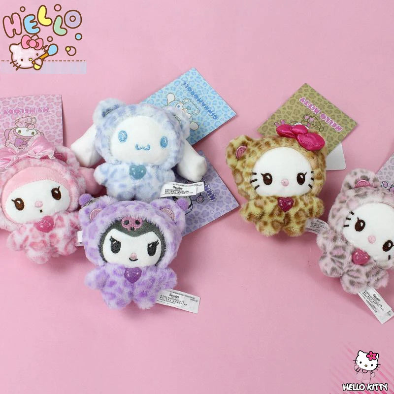 Sanrio Leopard Print Bear Hello Kitty Keychain Kuromi Cinnamoroll Bag Pendant My Melody Plush Doll Toys Decoration Gift for Girl
