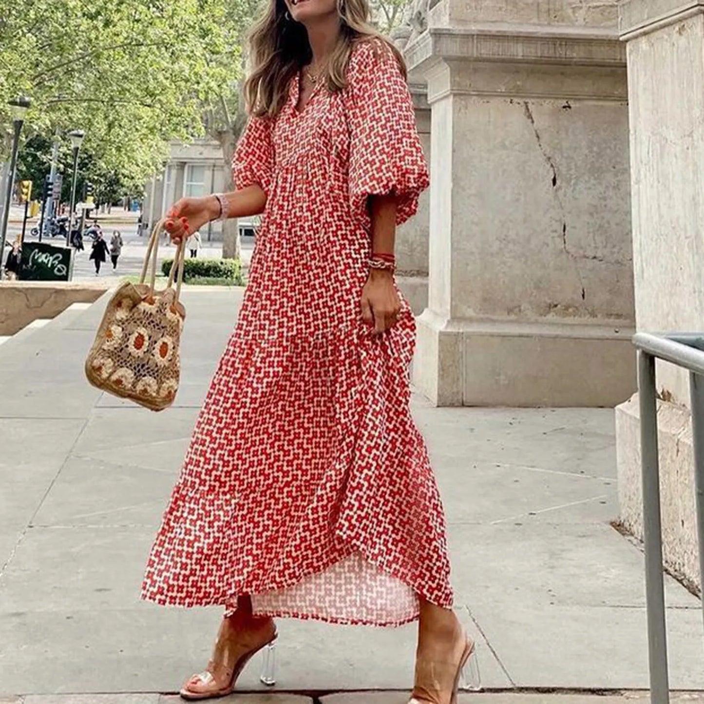 Women's Summer Casual Fashion Geometric Print Neckline Lace-up Bubble Middle-sleeves Ruffle Stitching Big Swing Long Losse Dress